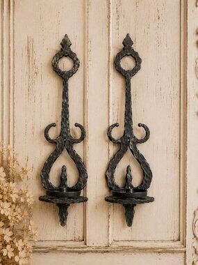 Set of 2 Vintage Homco MCM Gothic Style Hammered Wall Sconce Candlestick Holders